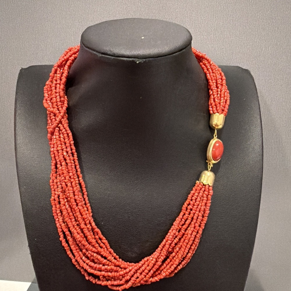 Vintage Orange 15 Strand Seed Bead Statement Necklace Gold Tone Box Clasp 17"